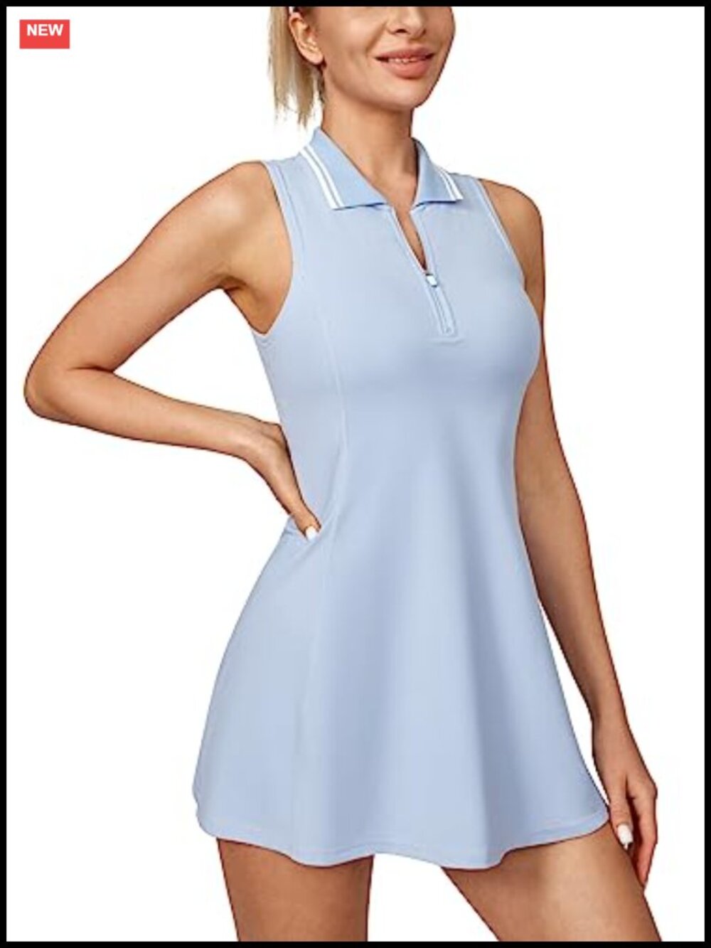Athletic Tennis Dress with Built-in Shorts & Bra, Pockets, A-Line, Half-Zip